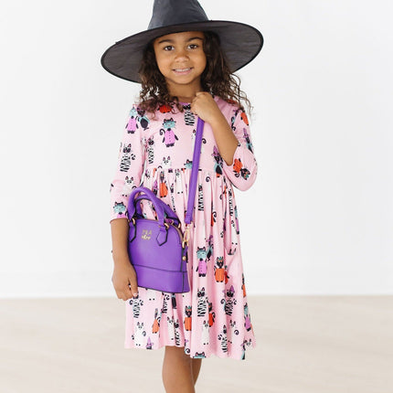 Purr-fectly Spooky 3/4 Sleeve Pocket Twirl Dress