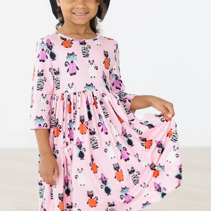 Purr-fectly Spooky 3/4 Sleeve Pocket Twirl Dress