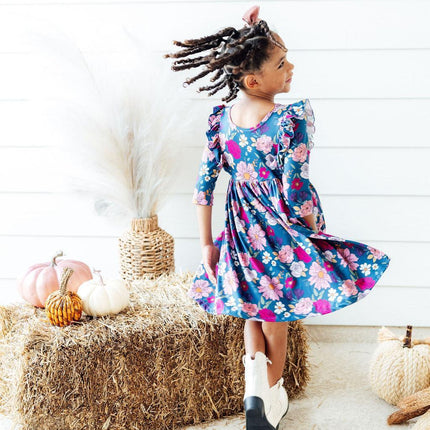 Vintage Garden 3/4 Sleeve Ruffle Twirl Dress