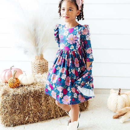 Vintage Garden 3/4 Sleeve Ruffle Twirl Dress