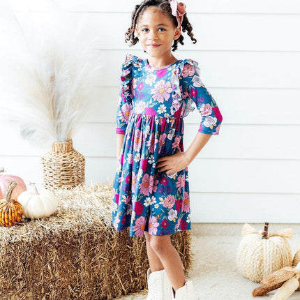 Vintage Garden 3/4 Sleeve Ruffle Twirl Dress