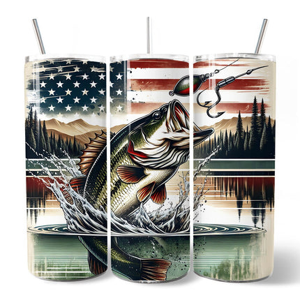 Patriotic Bass Fishing 20oz Personalized Tumbler With Lid and Stainless Steel Straw, Retro Angler Gift Cup