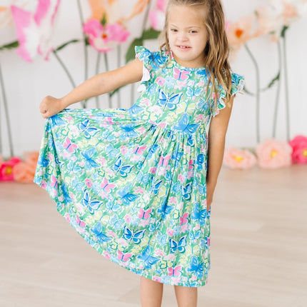 Watercolor Butterflies Flutter Sleeve Twirl Dress