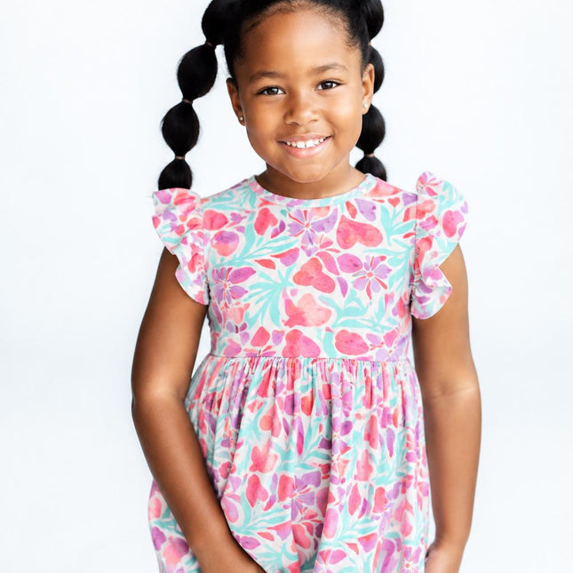Watercolor Hearts Flutter Sleeve Twirl Dress - Dashing Nova