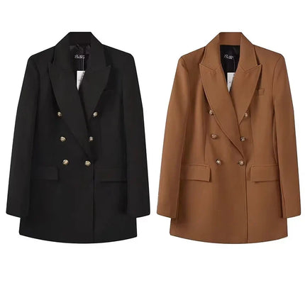 Women's Double Breasted Blazer - Vintage Long Sleeve Outerwear with Pockets