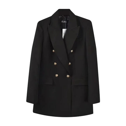 Women's Double Breasted Blazer - Vintage Long Sleeve Outerwear with Pockets