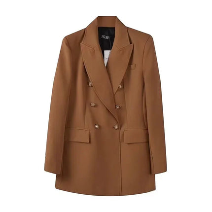 Women's Double Breasted Blazer - Vintage Long Sleeve Outerwear with Pockets