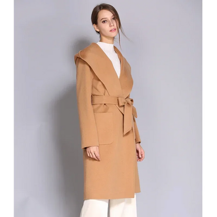 Women's Double-Sided Cashmere Wool Coat - Long Hooded Buttonless Mid-Length Coat with Lace-Up Design