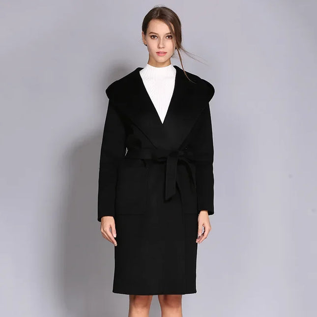 Women's Double-Sided Cashmere Wool Coat - Long Hooded Buttonless Mid-Length Coat with Lace-Up Design - Dashing Nova