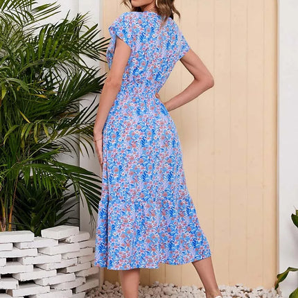 Women Summer Chiffon Floral Print Long Dress Short Sleeve Elegant V Neck Elastic Waist Holiday Beach Dress