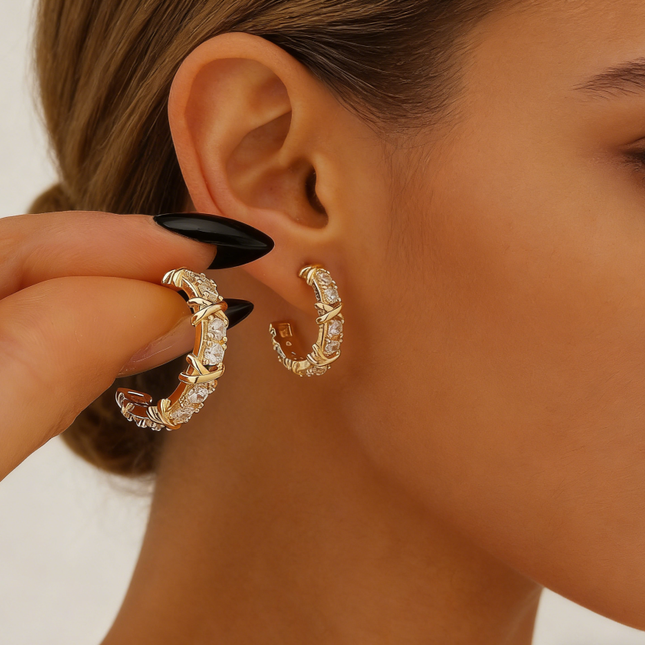 Light Luxury Zircon Color-Block Cross Hoop Earrings