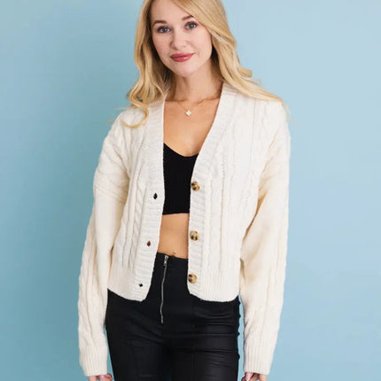 Chunky Cable Knit Button-Up Cropped Cardigan 🧥