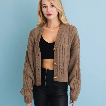 Chunky Cable Knit Button-Up Cropped Cardigan 🧥