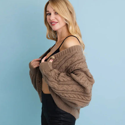 Chunky Cable Knit Button-Up Cropped Cardigan 🧥