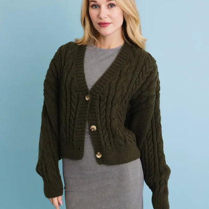 Chunky Cable Knit Button-Up Cropped Cardigan 🧥