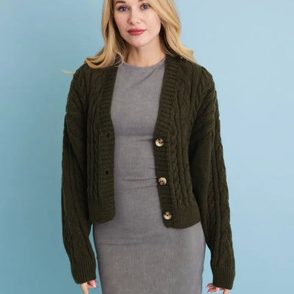 Chunky Cable Knit Button-Up Cropped Cardigan 🧥