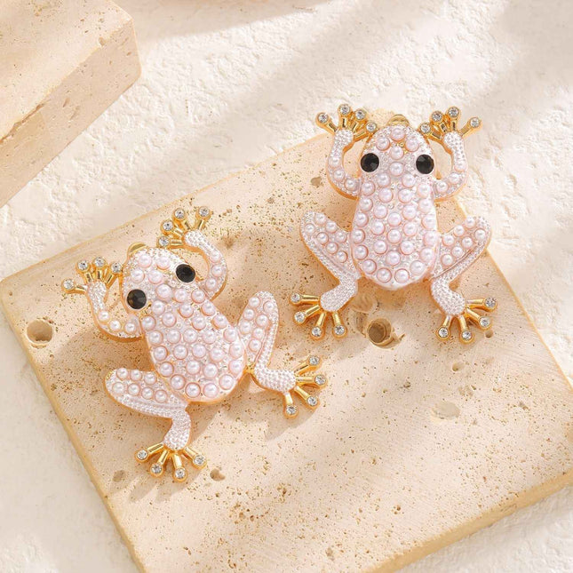 Trendy Frog Animal Earrings with Crystal & Pearl Accents