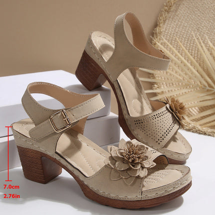 Women's Floral T-Strap Chunky Heel Platform Sandals