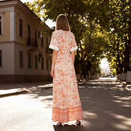 Women's Short Sleeve Elastic Waist Fringe Lace Trim Bohemian Dress Vacation Beach Dress