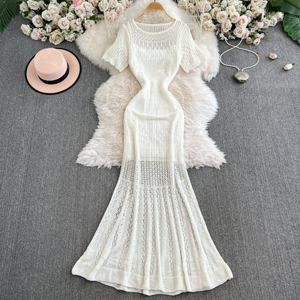 Vintage Hollow-Out Knit Dress – Women's Summer Elegant Tie-Waist A-Line Midi, Fishtail Slim-Fit Gown