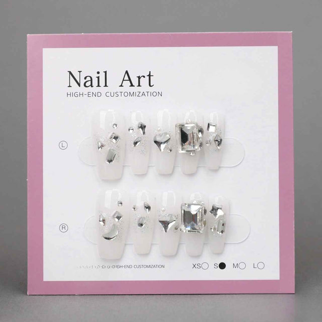 White Rhinestone Coffin Acrylic Nails