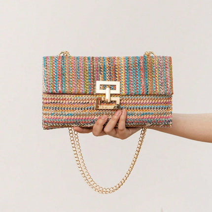 Bag ladies holiday shoulder bag, chain flip lock square purse, straw bag hobo shoulder bag women