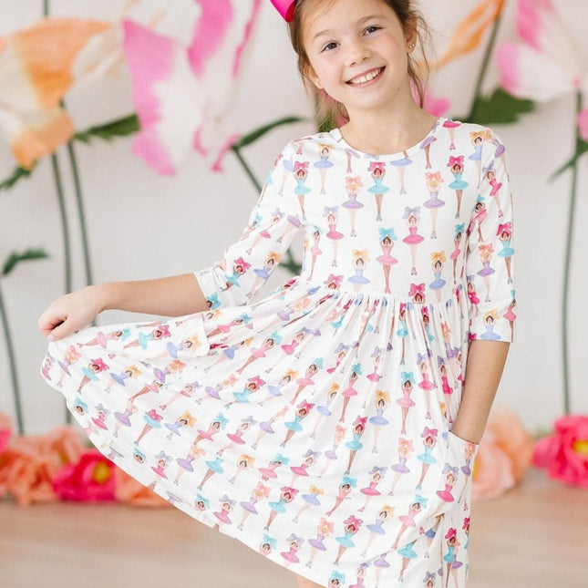 Ballerina Bows 3/4 Sleeve Pocket Twirl Dress - Dashing Nova