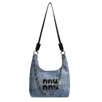 Simple retro small bucket bag, Versatile denim shoulder bag, Chain bag Crossbody bag, slouch hobo purse