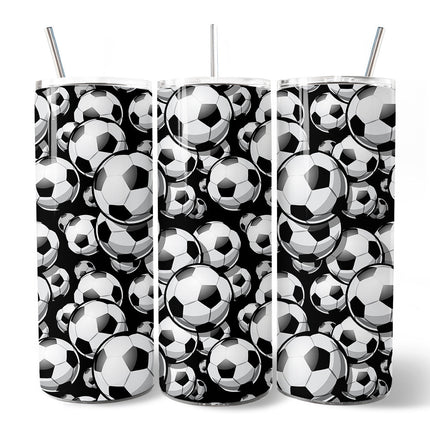 Black and White Soccer Ball 20oz Personalized Tumbler With Lid and Stainless Steel Straw, Football Sports Print Gift Cup