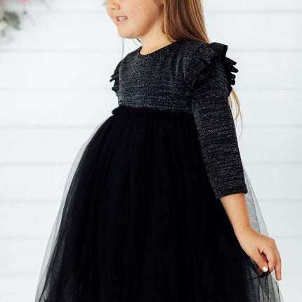 Black Shimmer 3/4 Sleeve Tutu Dress - Dashing Nova