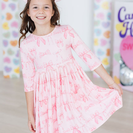 Blushing Bows 3/4 Sleeve Pocket Twirl Dress - Dashing Nova