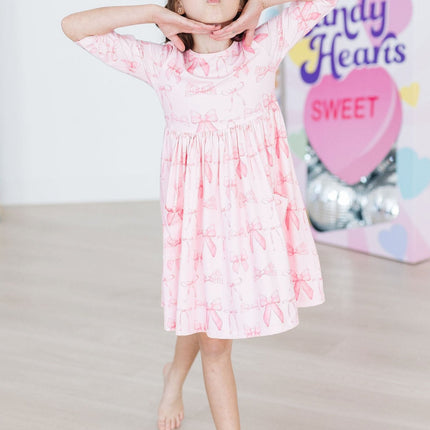 Blushing Bows 3/4 Sleeve Pocket Twirl Dress - Dashing Nova