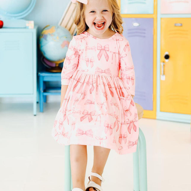 Blushing Bows 3/4 Sleeve Pocket Twirl Dress - Dashing Nova