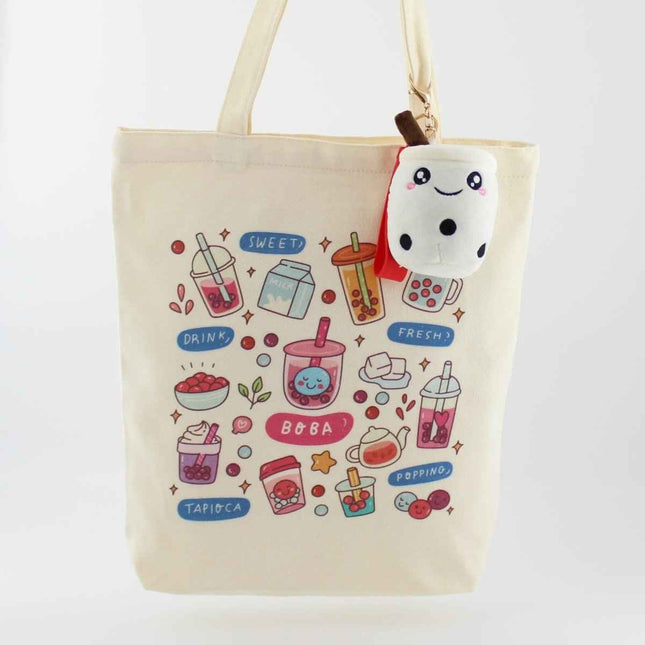 Cream Boba Tote – Canvas Bag with Enamel Pin & Keychain Gift
