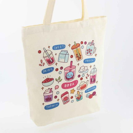 Cream Boba Tote – Canvas Bag with Enamel Pin & Keychain Gift