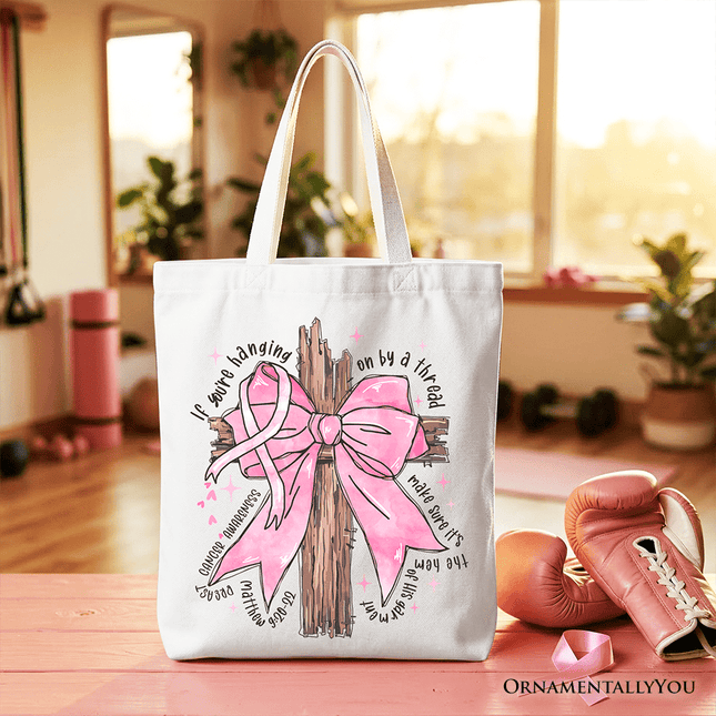 Breast Cancer Pink Bow Cross Tote Bag, Awareness Faith Christian Gift Shopper