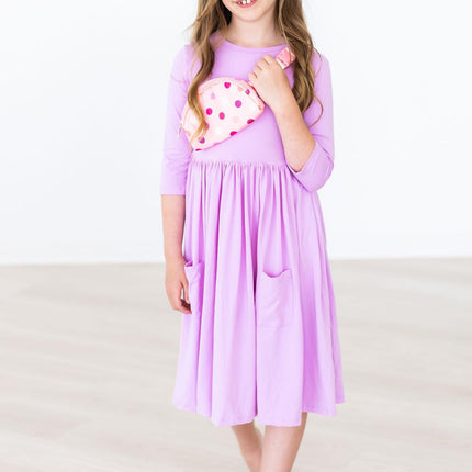 Bright Lilac 3/4 Sleeve Pocket Twirl Dress - Dashing Nova