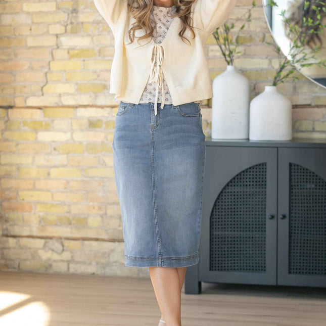 Bryn Light Wash Denim Midi Skirt