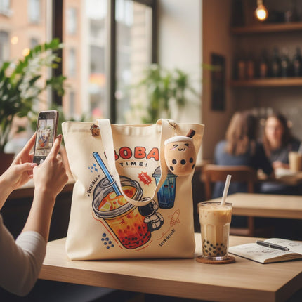 Bubble Tea Tote Bag Gift Set – Boba Bag with Keychain & Pin