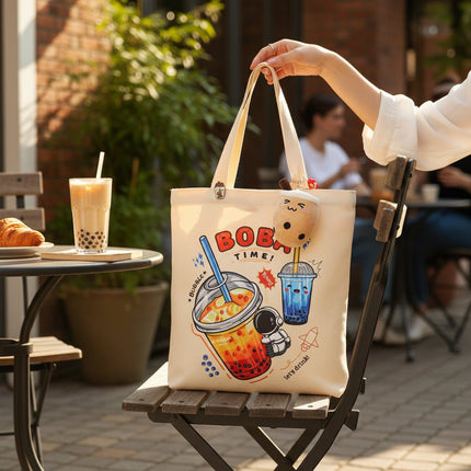 Bubble Tea Tote Bag Gift Set – Boba Bag with Keychain & Pin