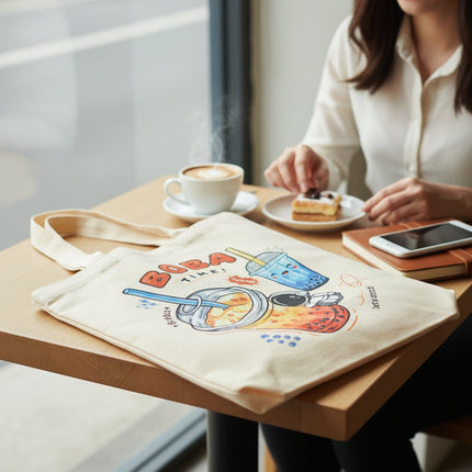Bubble Tea Tote Bag Gift Set – Boba Bag with Keychain & Pin