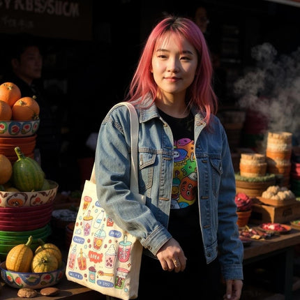 Bubble Tea Tote Bag Gift Set – Boba Bag with Keychain & Pin