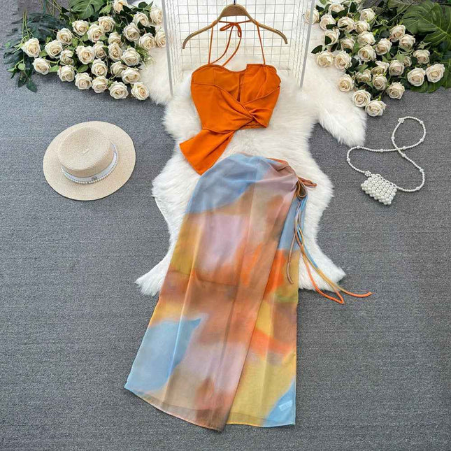 Beach Vacation Fashion Set – Halter Crop Top + High-Waist Tie-Dye Print Skirt, Two-Piece Bikini Cover-Up Coord