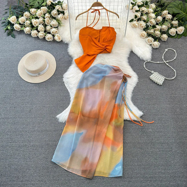 Beach Vacation Fashion Set – Halter Crop Top + High-Waist Tie-Dye Print Skirt, Two-Piece Bikini Cover-Up Coord