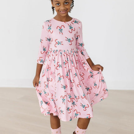 Candy Cane Cutie 3/4 Sleeve Pocket Twirl Dress - Dashing Nova
