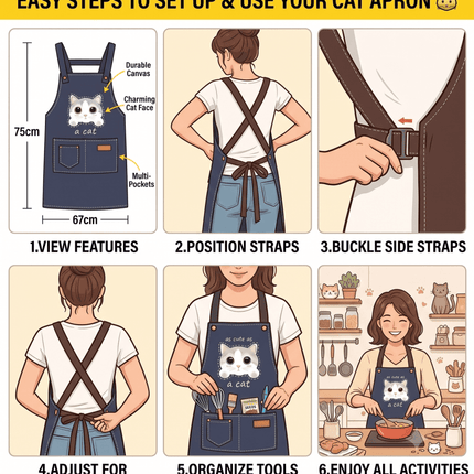 Canvas Cat Apron – Adjustable Cross-Back Chef Apron with Pockets