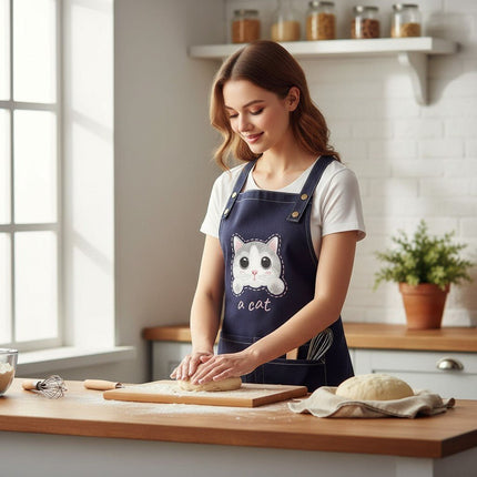 Canvas Cat Apron – Adjustable Cross-Back Chef Apron with Pockets