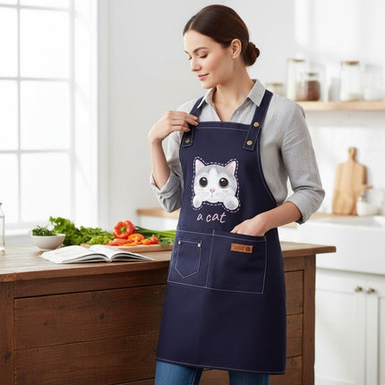 Canvas Cat Apron – Adjustable Cross-Back Chef Apron with Pockets