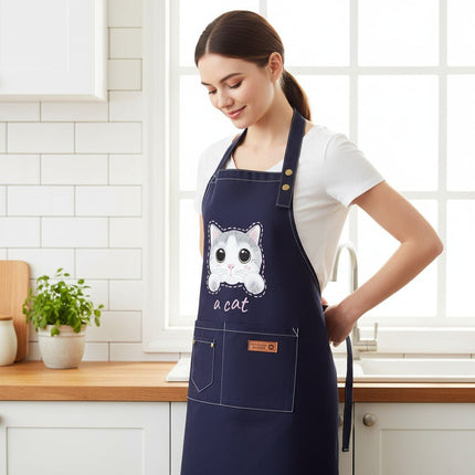 Canvas Cat Apron – Adjustable Cross-Back Chef Apron with Pockets