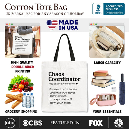 Chaos Coordinator Definition Canvas Tote Bag, Funny Gift Shopper for Busy Moms